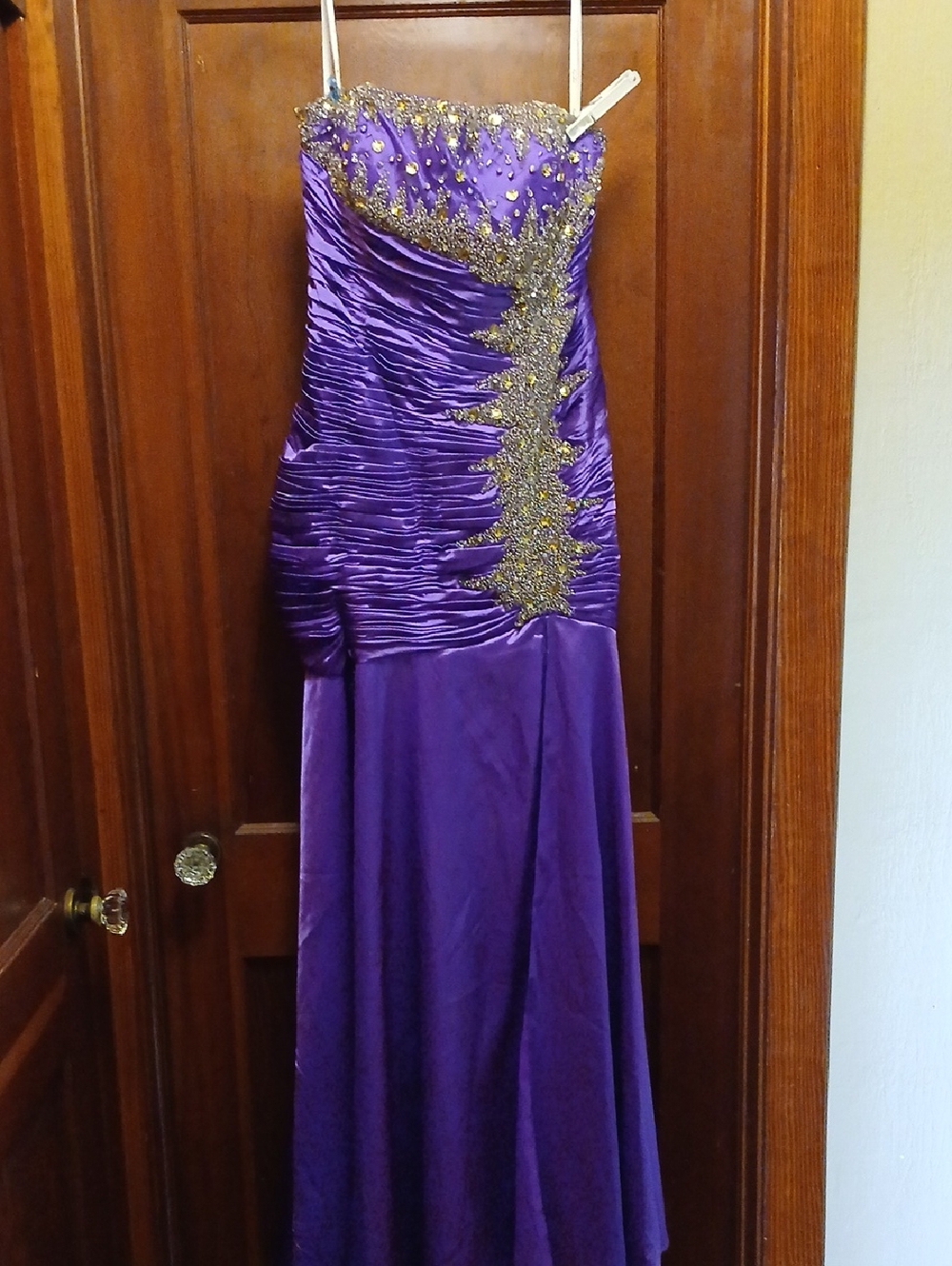 Strapless Purple Evening Gown with Gold Embellishment
